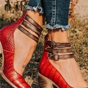 Freebird Red Croc-Embossed Heels with Straps